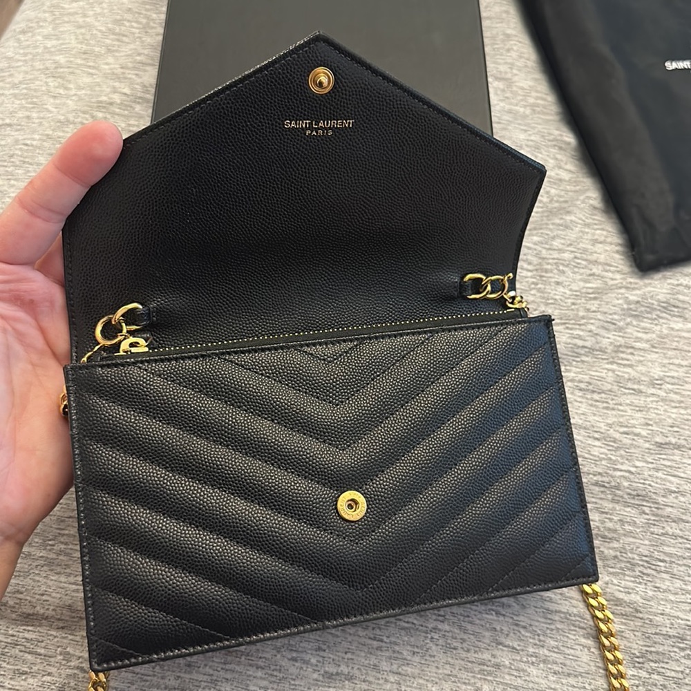 Small Ysl Envelope Flap Wallet On Chain Black Leather Gem